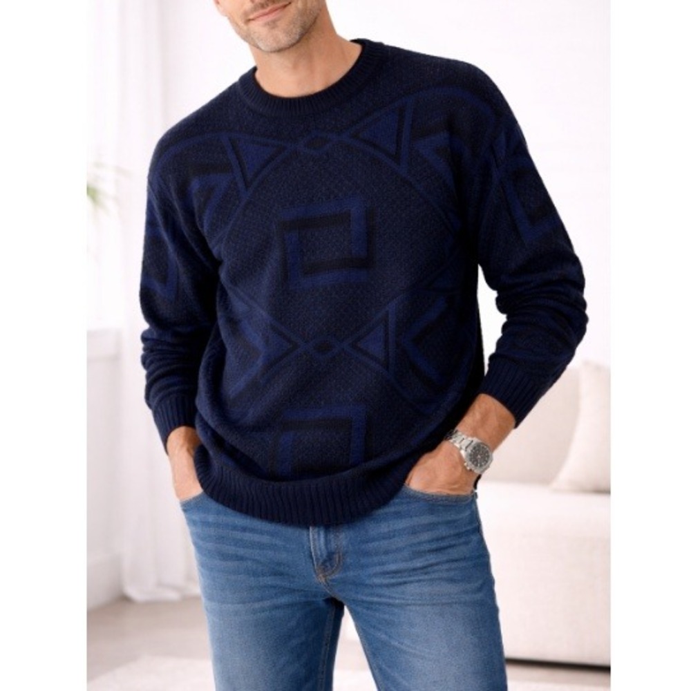 Jantzen Men's Blue Geometric Abstract Knit Vintage Sweater Mens 90s Retro Size L